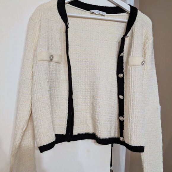 Mango MNG Pocket Tweed Cardigan Sweater Large Off White Black Cotton Blend EUC - Picture 9 of 15